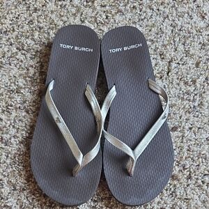 Tory Burch Metallic Silver and Brown Flip Flops